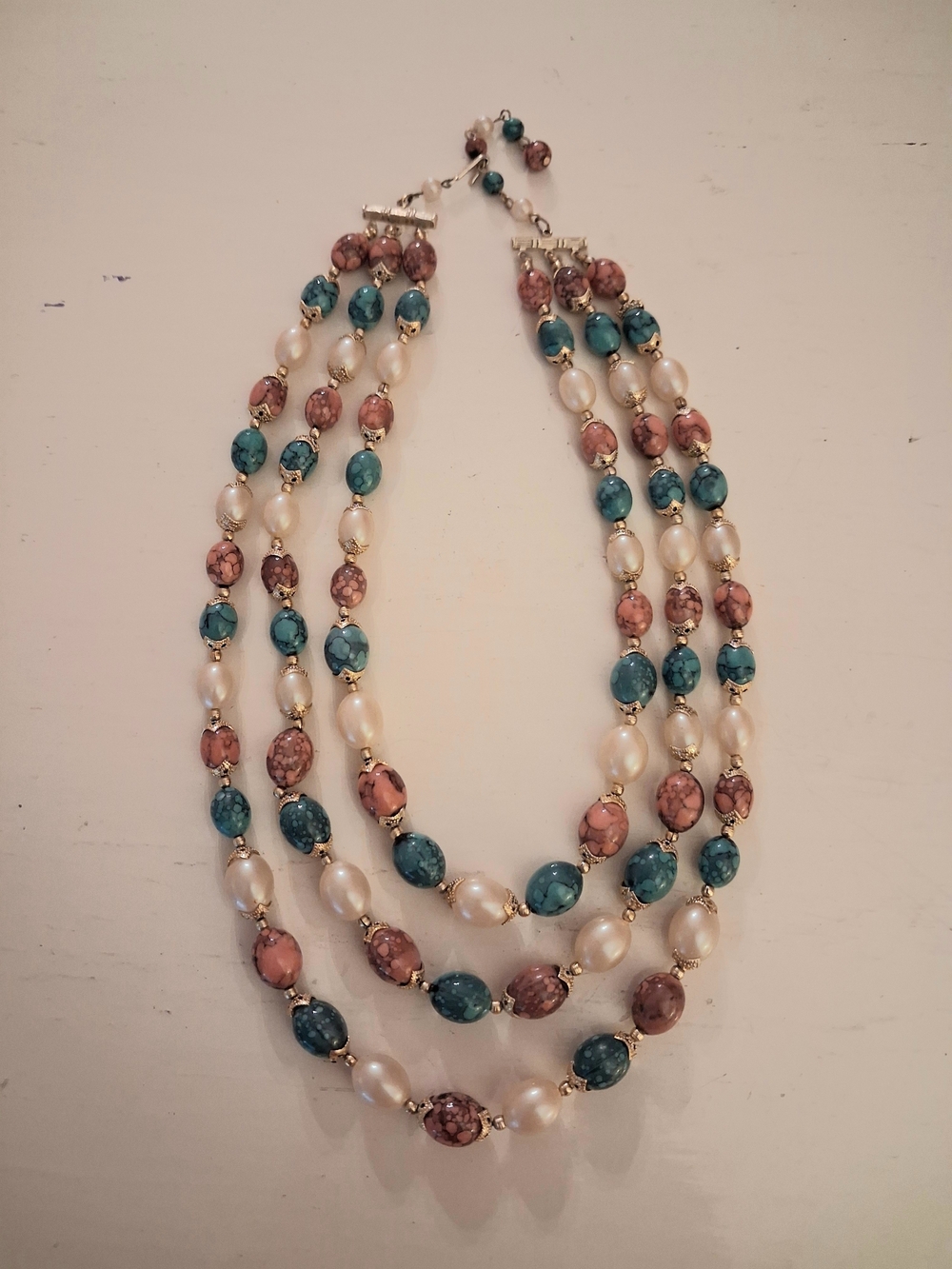 Multi-Strand Pink & Teal Beaded Necklace with Pearlescent Accents
